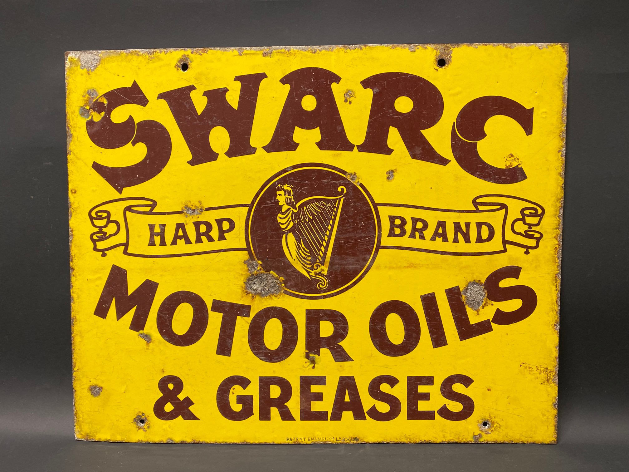 A SWARC Harp Brand Motor Oils and Greases double sided enamel sign, 20 x 16".