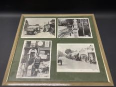 A framed and glazed group of four original black and white photographs of early Pratts petrol