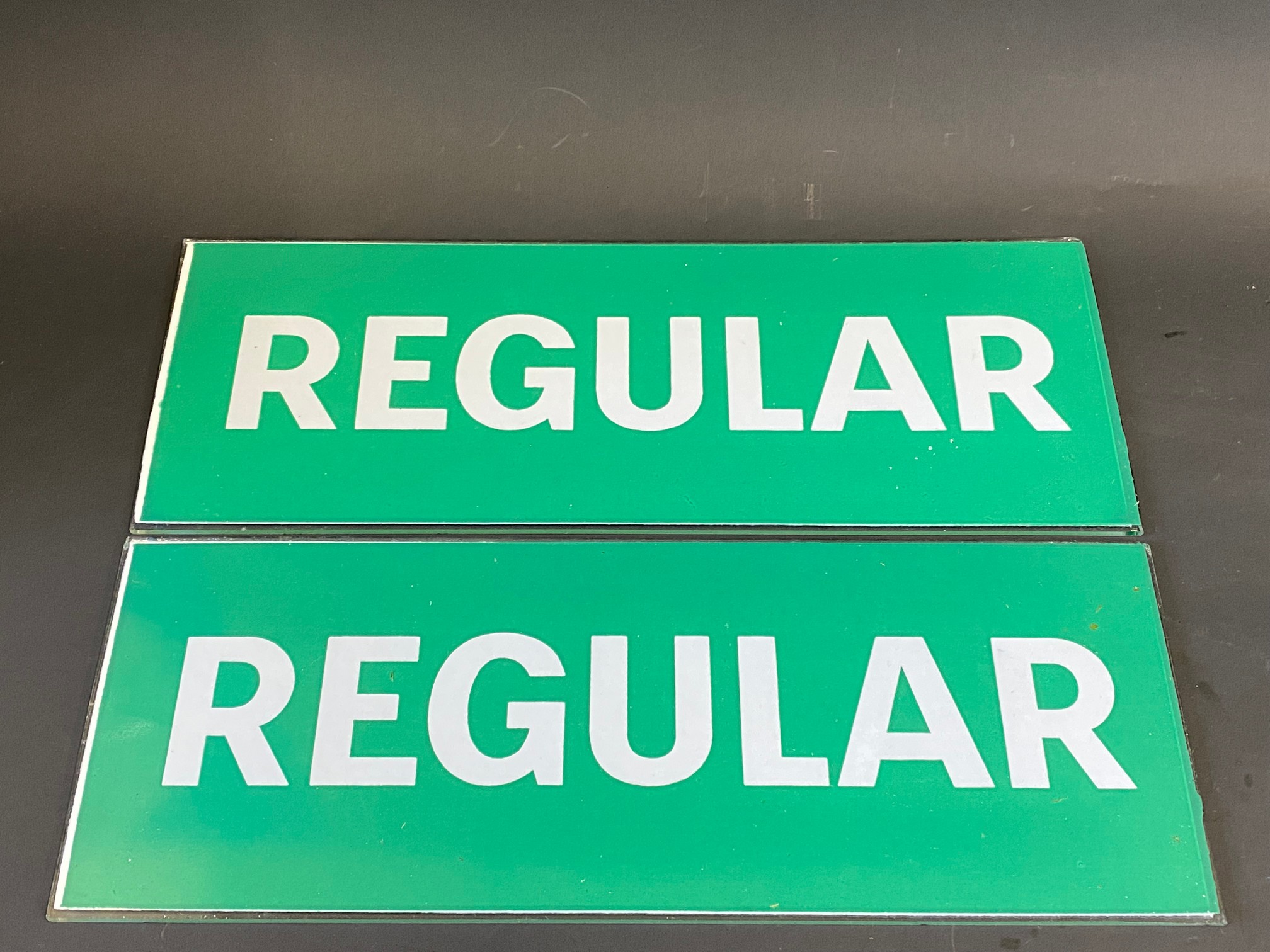 A pair of Avery Hardoll 598 glass petrol pump brand inserts for Regular, 11 x 4".