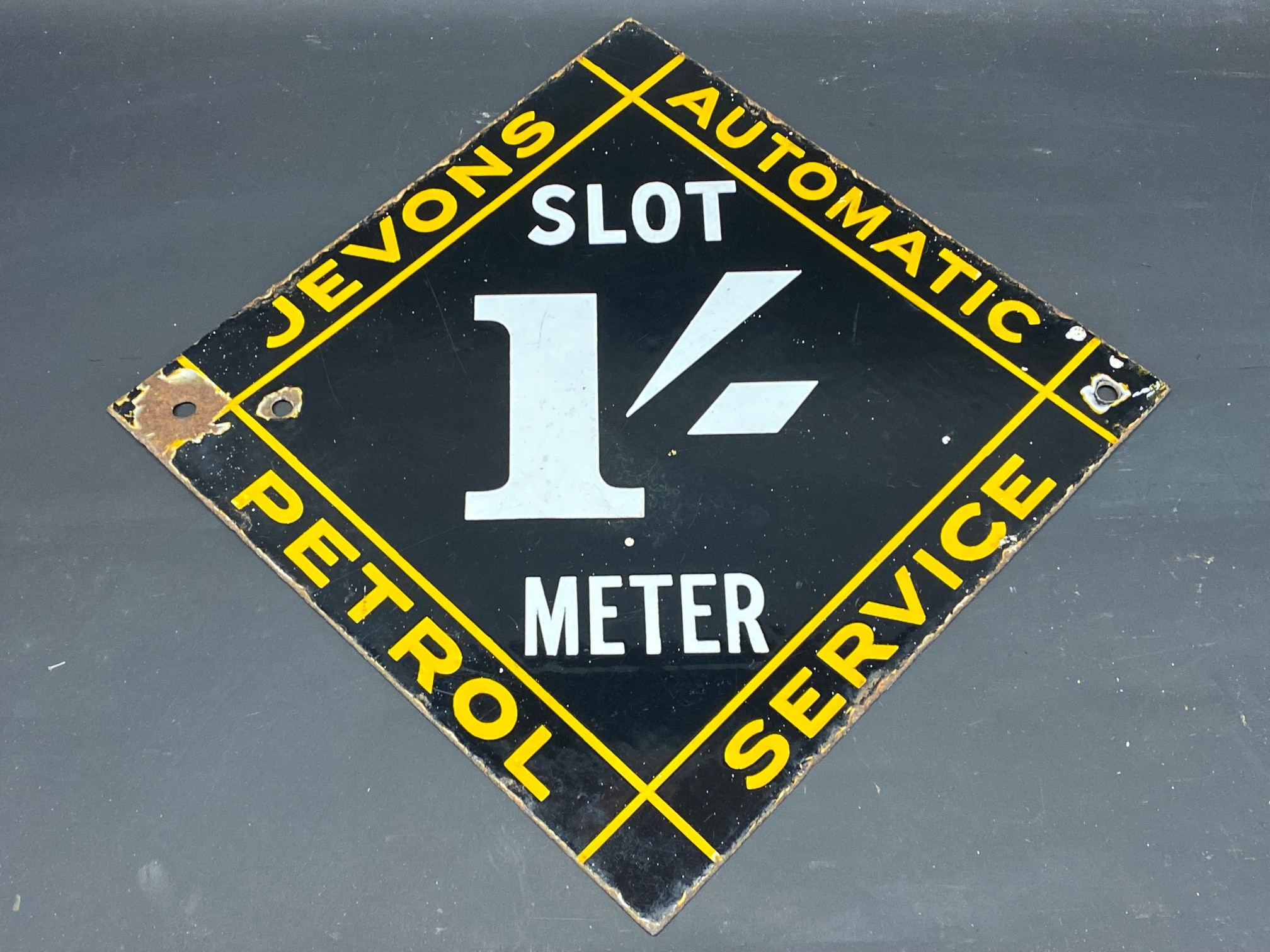 A very rare Jevons Automatic Petrol Service lozenge shaped double sided enamel sign for a self- - Image 2 of 4