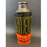 A rare Shell Motor Oil Spirax Gear cylindrical quart can with robot/stick man motif to the reverse.