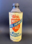 A Royal Snowdrift Motor Oil quart cylindrical oil can.