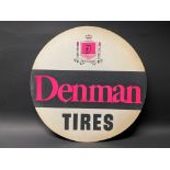 A Denman Tires circular cardboard advertisement, 16" diameter.