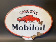 A Mobiloil oval double sided enamel sign from a cabinet, 18 x 14".
