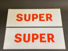 A pair of Avery Hardoll glass petrol pump brand inserts for Super, 11 x 4".