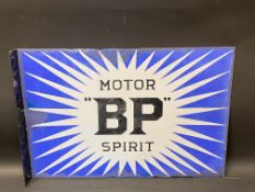 A BP Motor Spirit 'Irish Flash' double sided enamel sign with hanging flange, older amateur