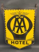 A pair of AA Hotel enamel signs mounted back to back in hanging frame, made by Franco, 23 x 31 1/