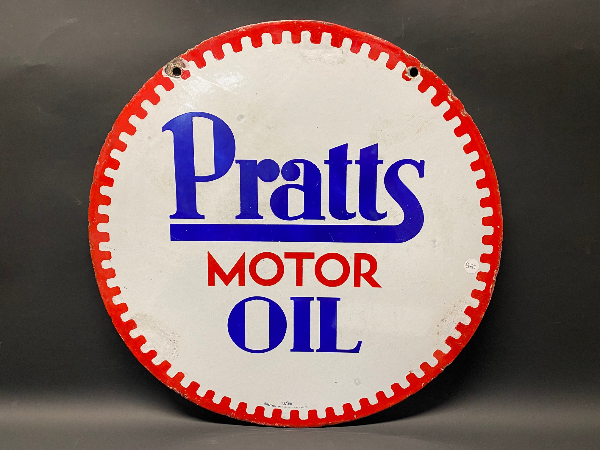 A Pratts Motor Oil circular double sided enamel sign, with three patches of older restoration, dated