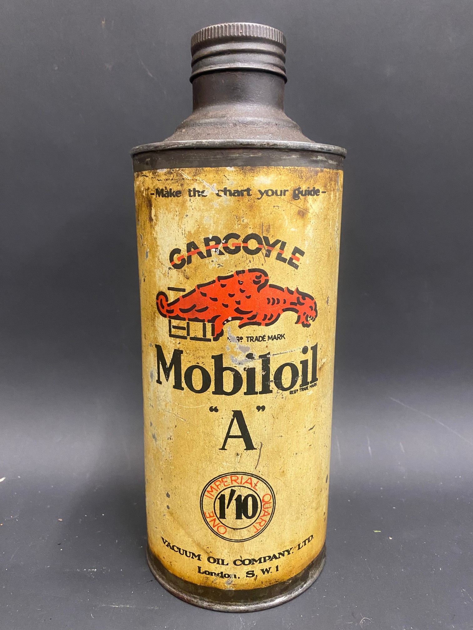A Gargoyle Mobiloil 'A' Grade quart cylindrical oil can.
