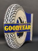 A Goodyear tyres double sided enamel sign with hanging flange, heavily restored, 22 x 34".