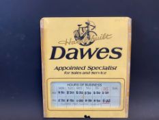 A Dawes cycle shop door 'hours of business' advertising sign, 9 x 10 1/4".