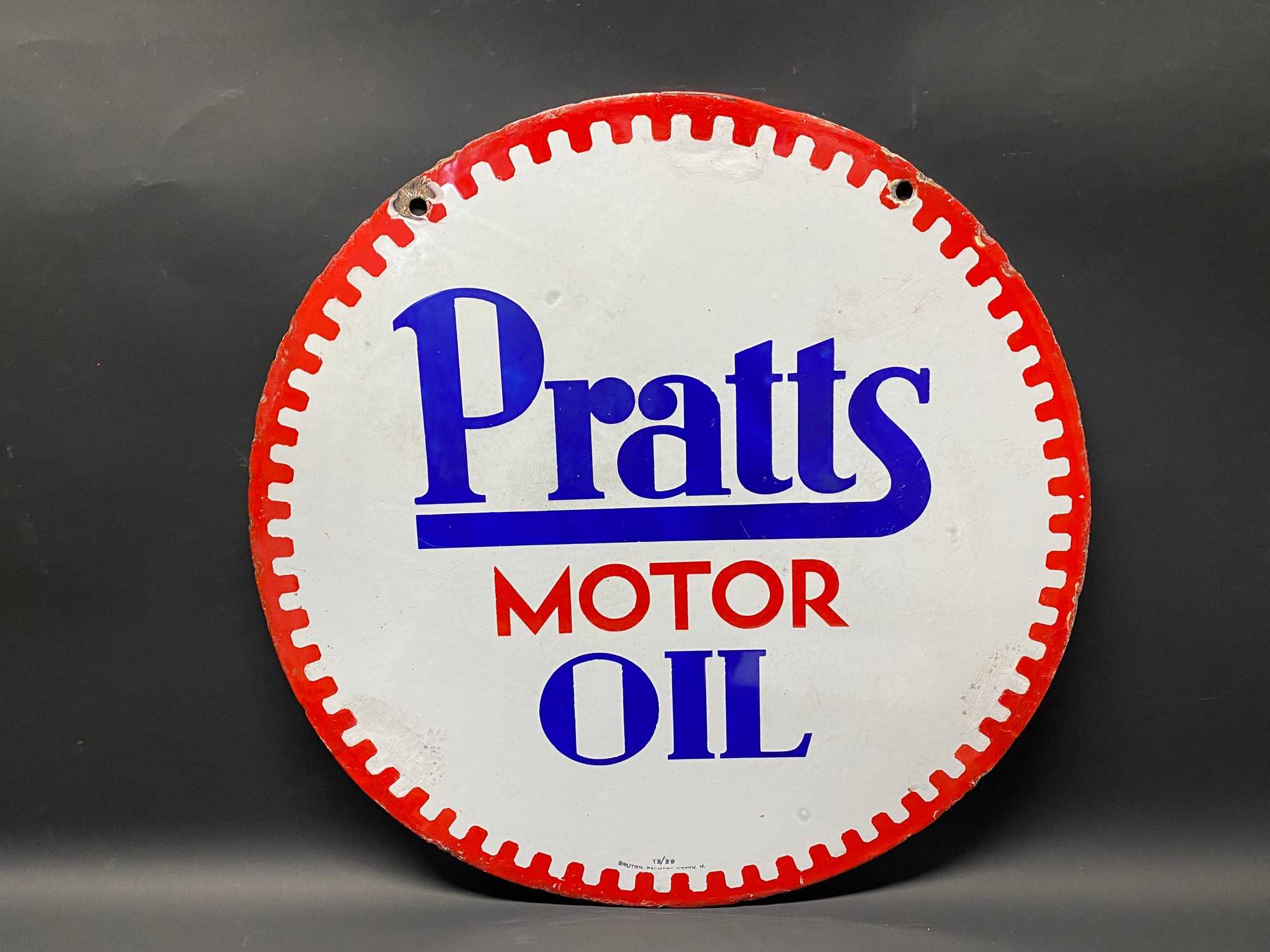 A Pratts Motor Oil circular double sided enamel sign, with three patches of older restoration, dated - Image 6 of 10