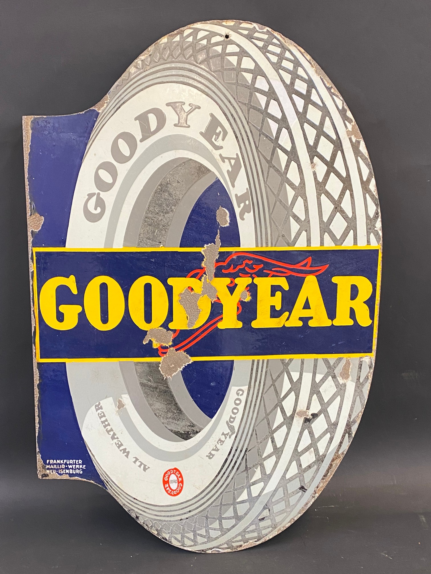 A Continental Goodyear tyre-shaped double sided enamel sign with hanging flange, 22 x 34". - Image 4 of 5
