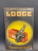 A Lodge Spark Plugs pictorial tin advertising sign, 8 x 12".