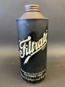 A Filtrate black and white quart cylindrical oil can.