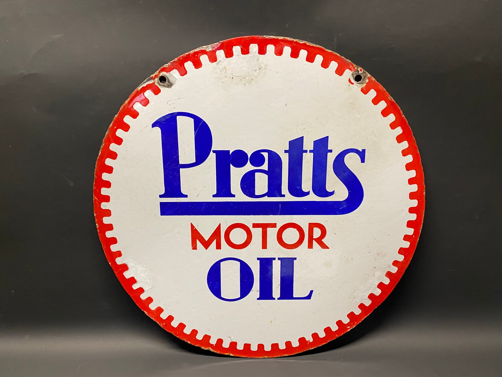 A Pratts Motor Oil circular double sided enamel sign, with three patches of older restoration, dated - Image 7 of 10