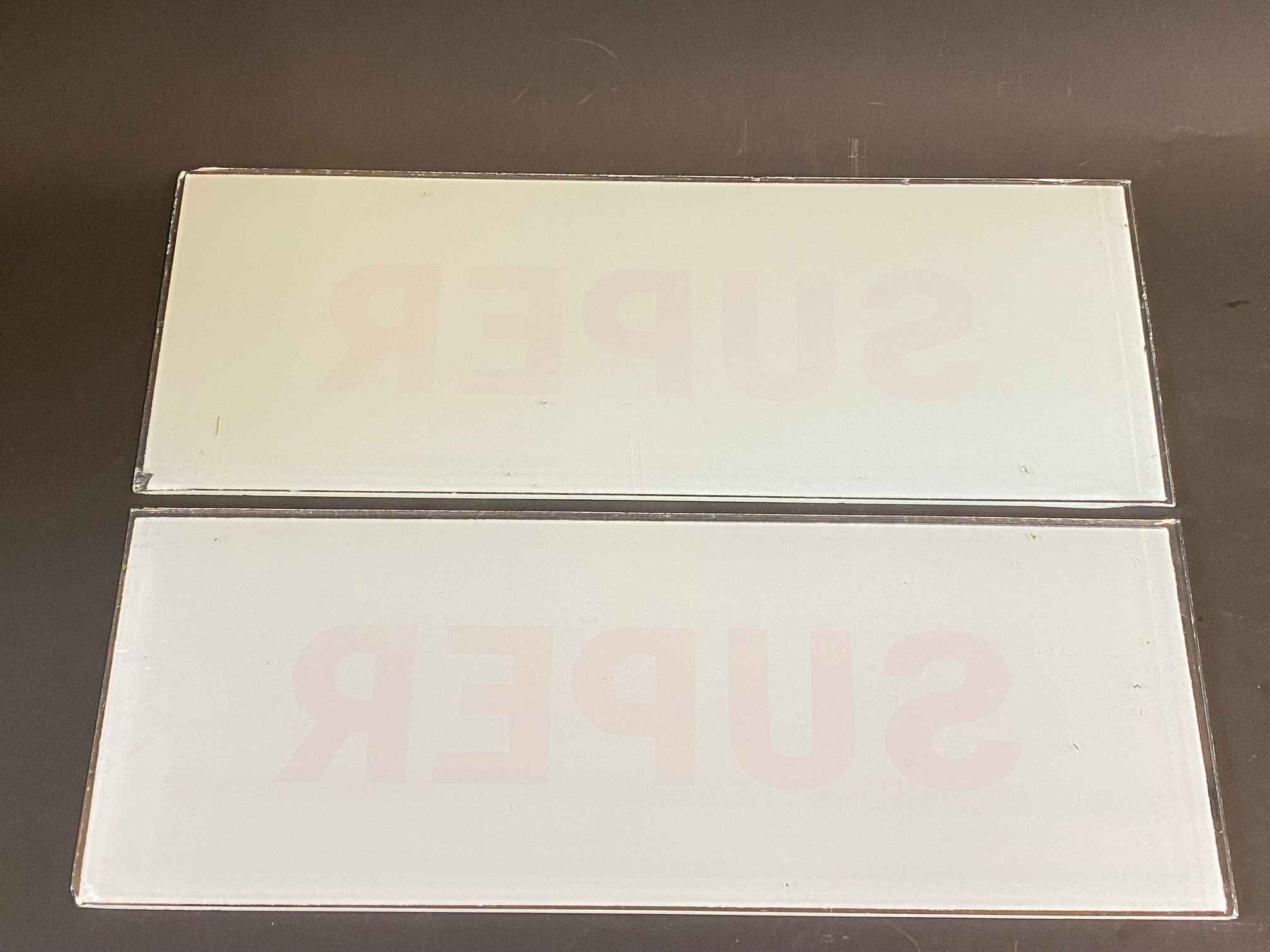 A pair of Avery Hardoll glass petrol pump brand inserts for Super, 11 x 4". - Image 2 of 2