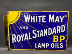 A White May and Royal Standard BP Lamp Oils double sided enamel sign with hanging flange, 18 x 12".