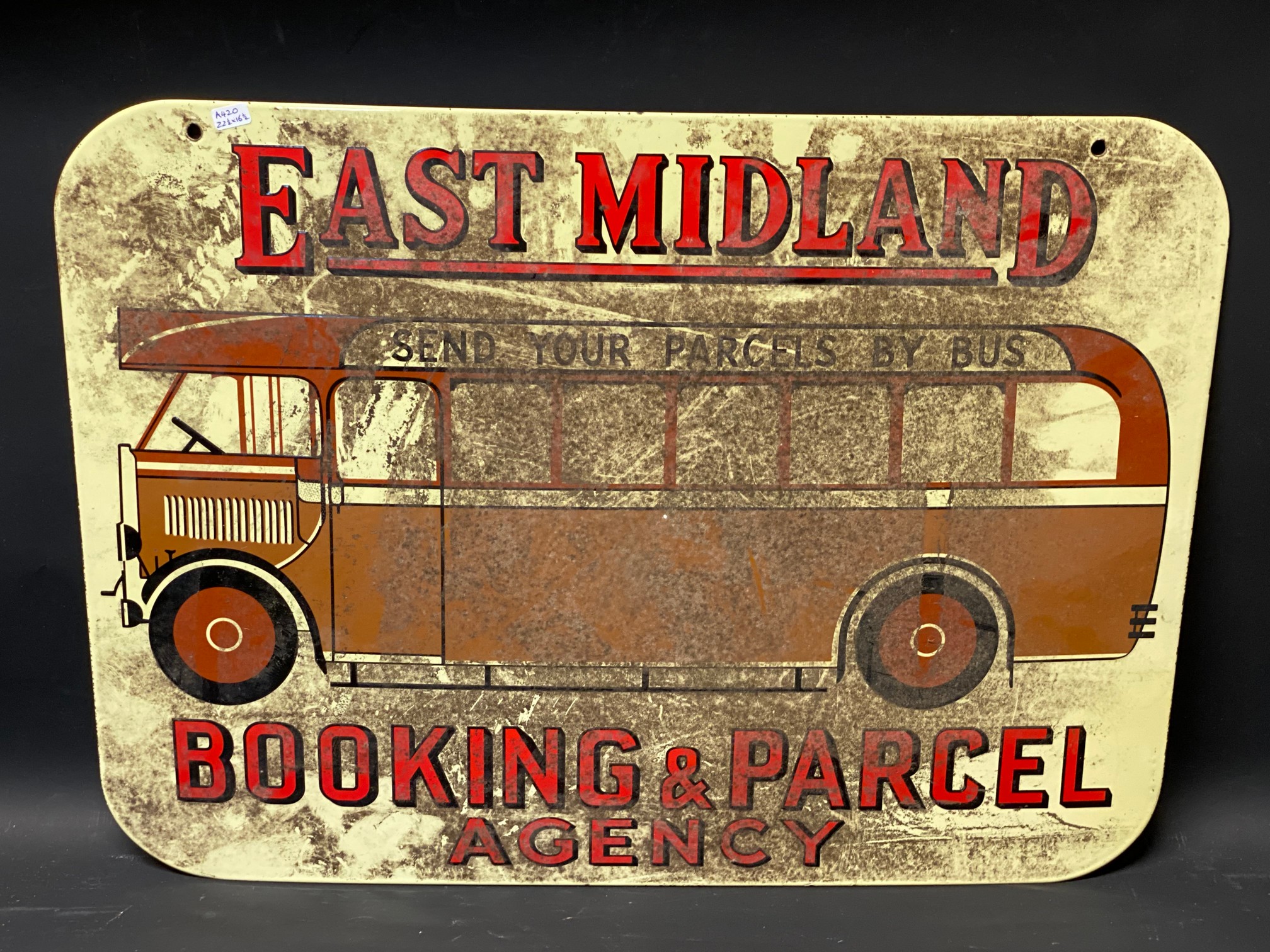 An East Midland Booking and Parcel Agency pictorial double sided enamel sign depicting a vintage bus - Image 4 of 4
