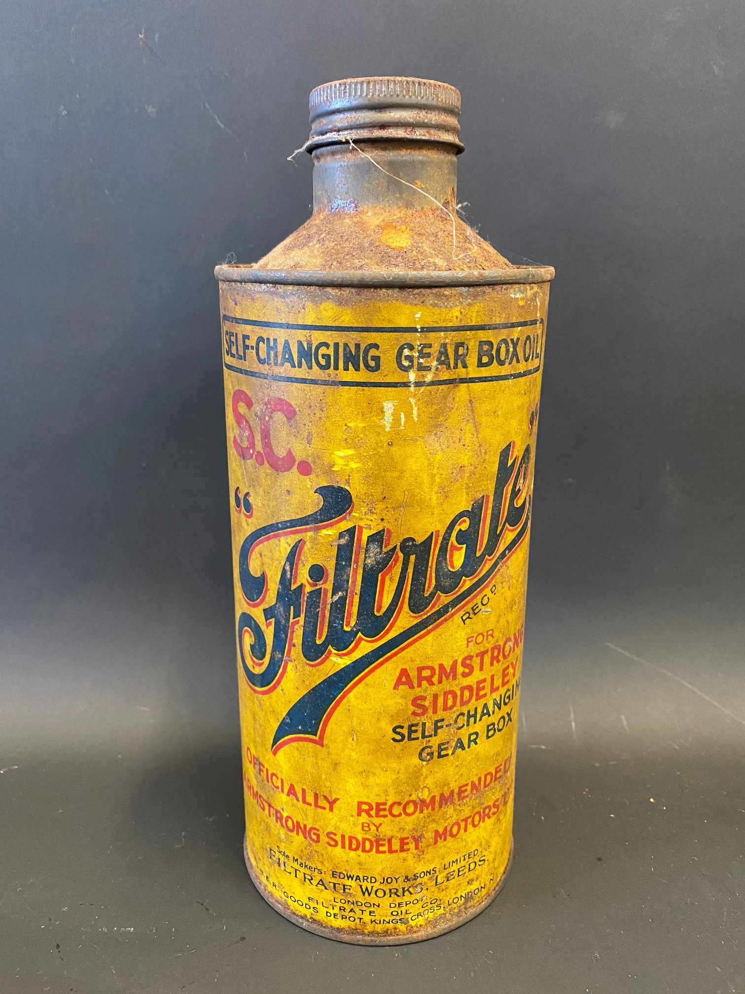 A Filtrate For Armstrong Siddeley quart cylindrical oil can.