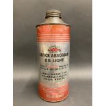 A Gargoyle Shock Absorber Oil quart cylindrical oil can.