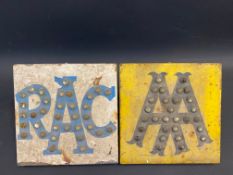 A very rare pair of AA and RAC post-mounted painted metal signs, each with reflective glass beads,