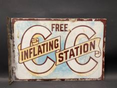A rare Free Inflating Station double sided enamel sign with hanging flange by Patent enamel, 18 1/