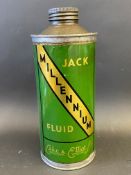 A Lake & Elliot Wanted Millenium Jack Fluid quart cylindrical oil can.