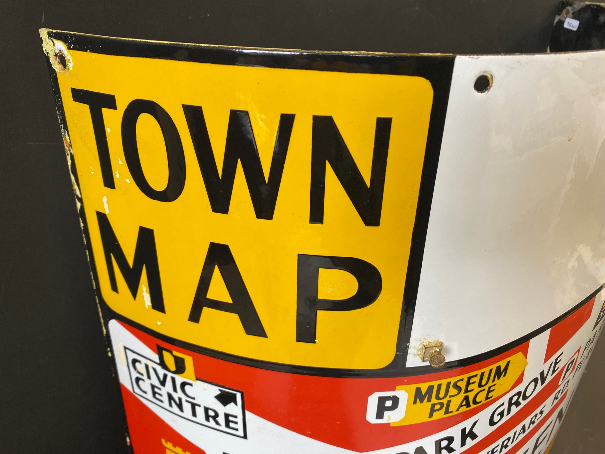 An unusual curved town map enamel sign, believed to be Cardiff, excellent gloss, 22 1/2 x 23". - Image 2 of 6