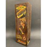 An early Dunlop Long Outfit wall mounted wooden puncture repair outfit dispenser, 15" high.