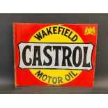 A Wakefield Castrol Motor Oil double sided enamel sign with hanging flange by Bruton of Palmers