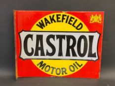 A Wakefield Castrol Motor Oil double sided enamel sign with hanging flange by Bruton of Palmers