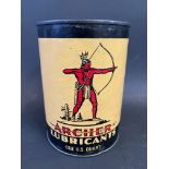 A rare Archer Lubricants one U.S. quart cylindrical can, with a design depicting a native