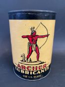 A rare Archer Lubricants one U.S. quart cylindrical can, with a design depicting a native