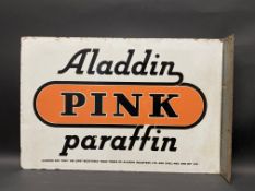 An Aladdin Pink Paraffin double sided enamel sign with hanging flange, 21 x 14".