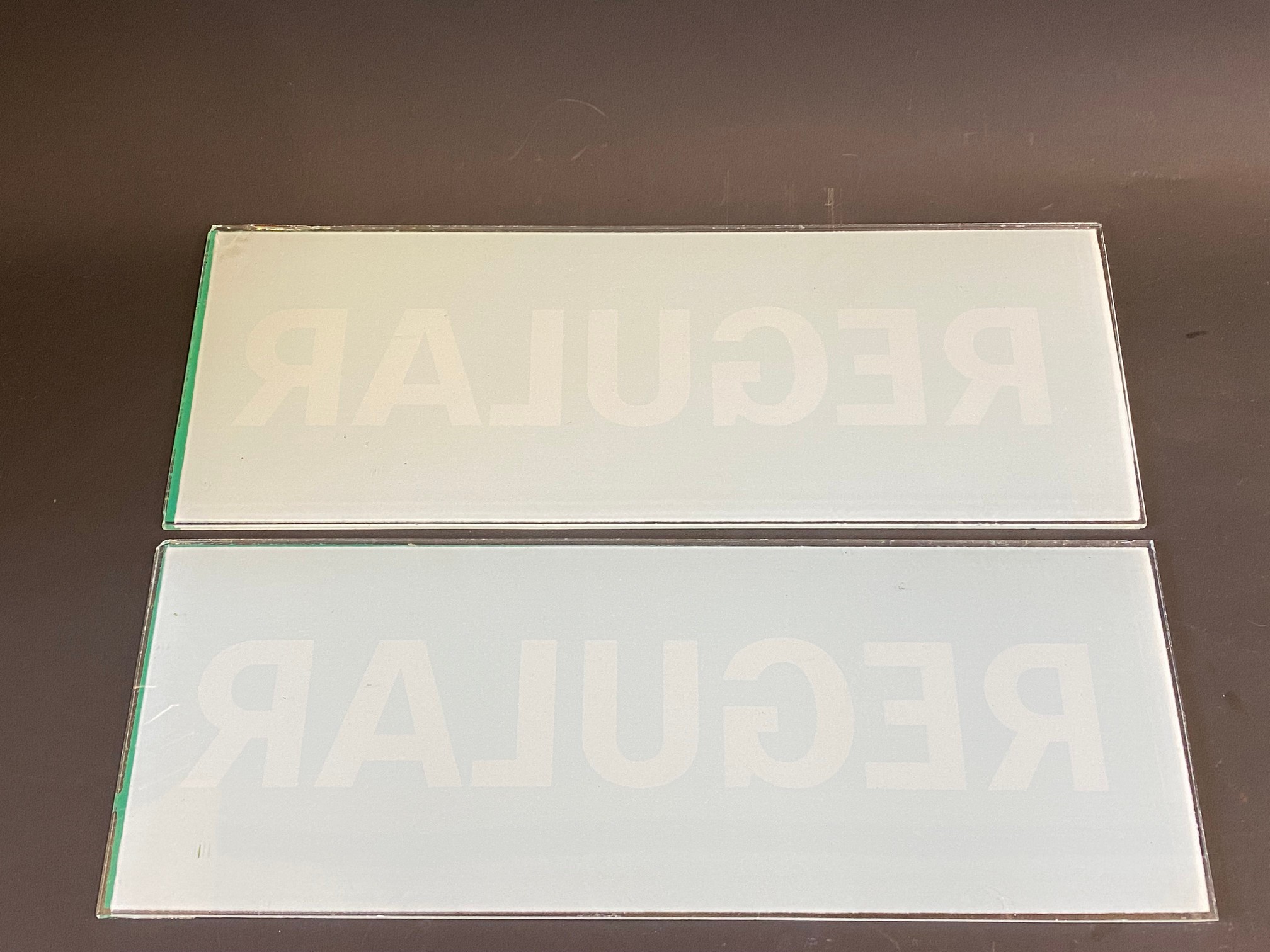 A pair of Avery Hardoll 598 glass petrol pump brand inserts for Regular, 11 x 4". - Image 2 of 2