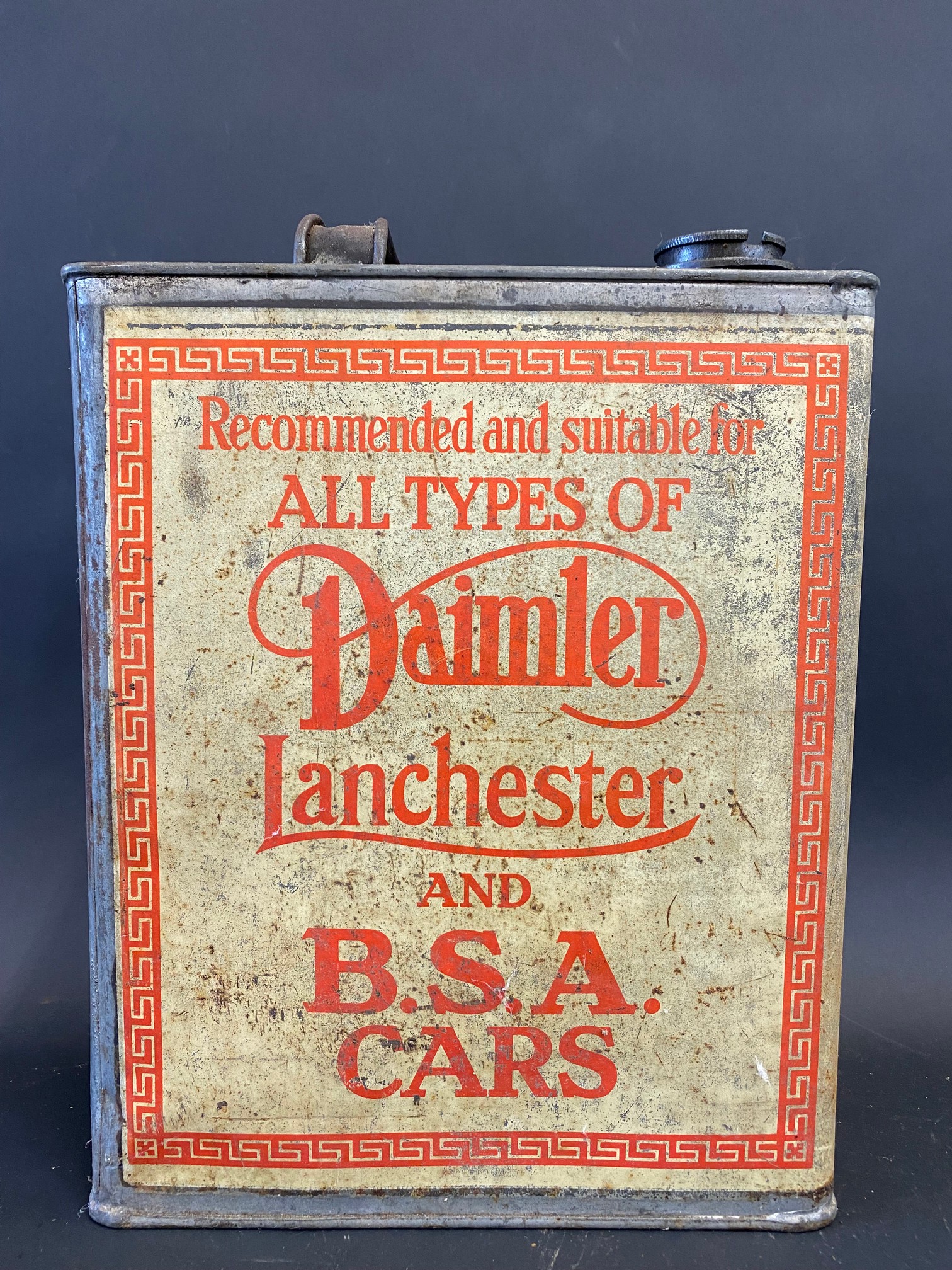A self-changing oil for Daimler Lanchester & BSA cars gallon can.
