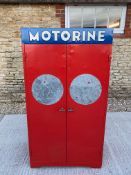 A Motorine two door oil cabinet, with original Motorine tin chart sign attached to the inside of the