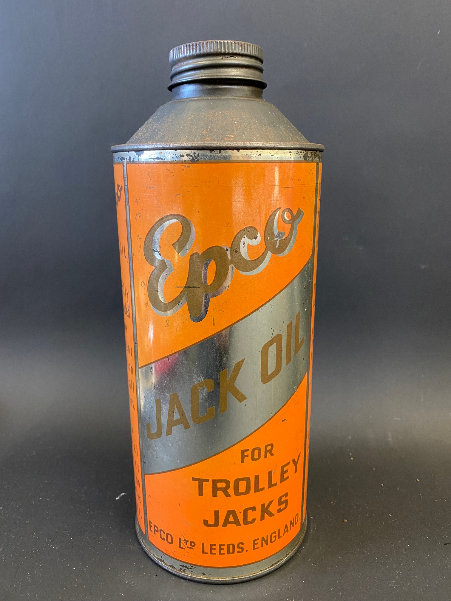 An Epco Jack Oil quart cylindrical oil can.
