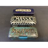 A rare Massa spark plug tin, a Simms spark plug tin and a third for Bluemel's.