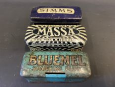 A rare Massa spark plug tin, a Simms spark plug tin and a third for Bluemel's.