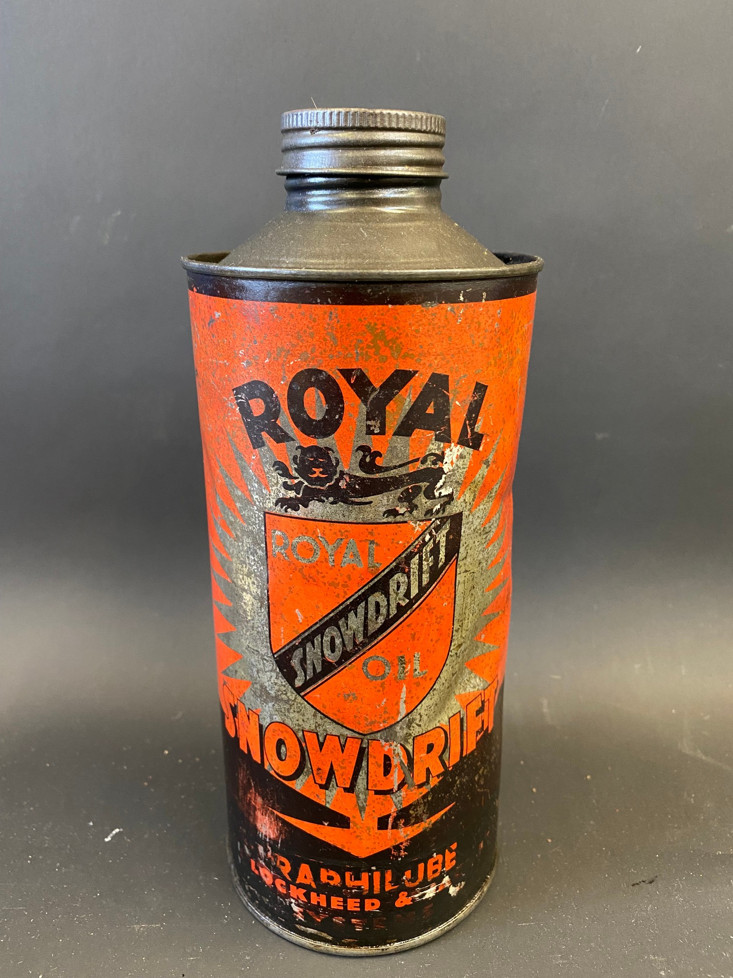 A Royal Snowdrift Oil cylindrical quart can, unusual red version.