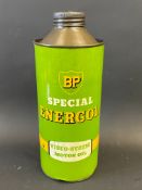 A BP Special Energol cylindrical quart can in good condition, the more unusual lighter green