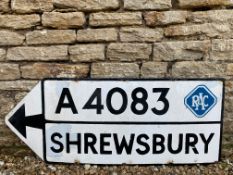 An enamel single sided directional RAC road sign, A4083 to Shrewsbury, restored 43 x 17".
