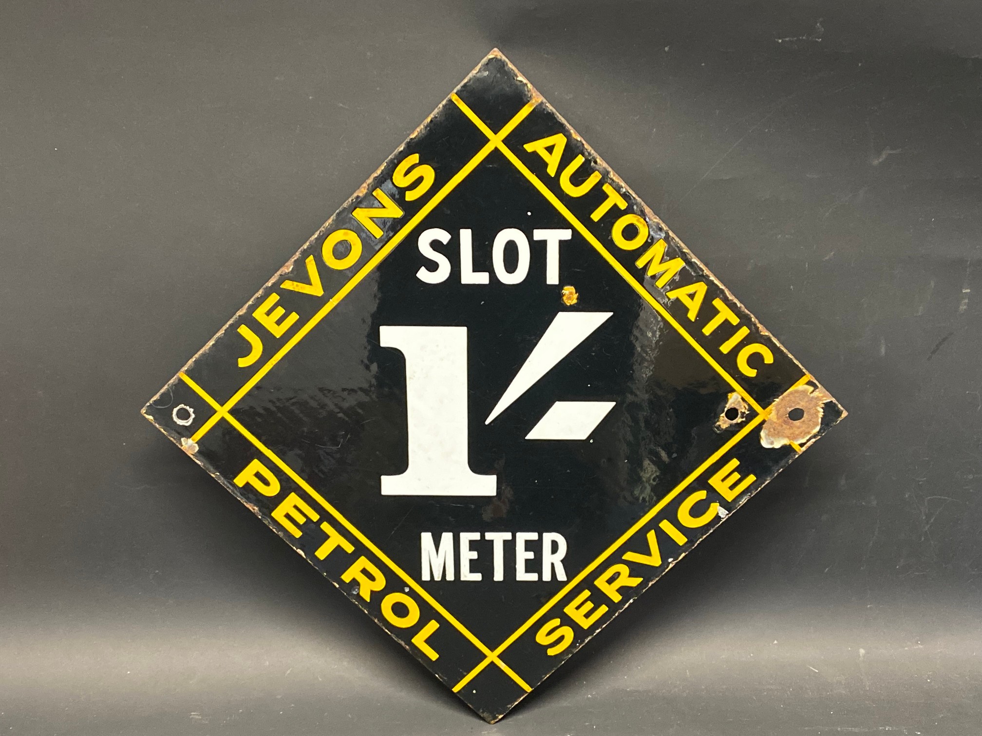 A very rare Jevons Automatic Petrol Service lozenge shaped double sided enamel sign for a self- - Image 4 of 4