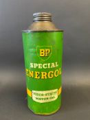 A BP Special Energol quart cylindrical oil can.