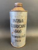 An Intava Lubricant 666 cylindrical quart oil can.