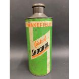 A Wakefield Castrol Shockol quart cylindrical oil can.