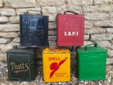 Five 2-gallon petrol cans including Shell Aviation Spirit.