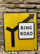 An unusual road sign of yellow colour with Ring Road white sign attached, 21 x 24".